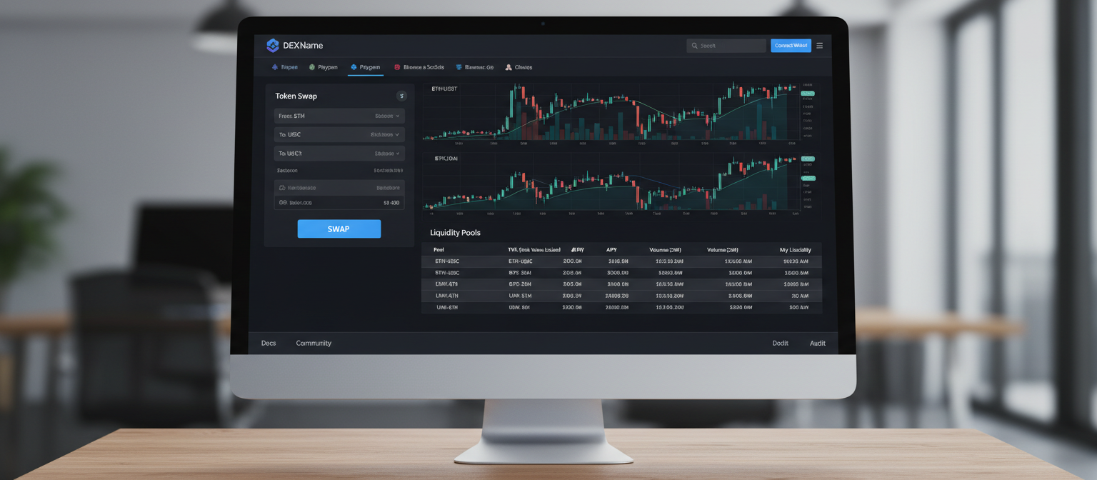 Sample: DeFi trading platform interface with token swap, liquidity pools, and price charts.