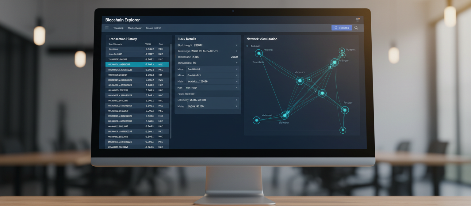 Sample: Blockchain explorer showing transaction history and block details.