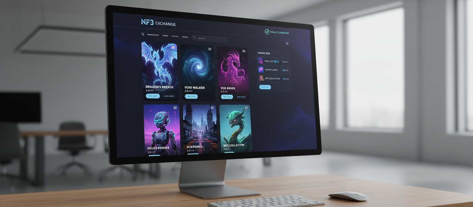 Sample: NFT marketplace interface with collectible cards, bids, and wallet connection.