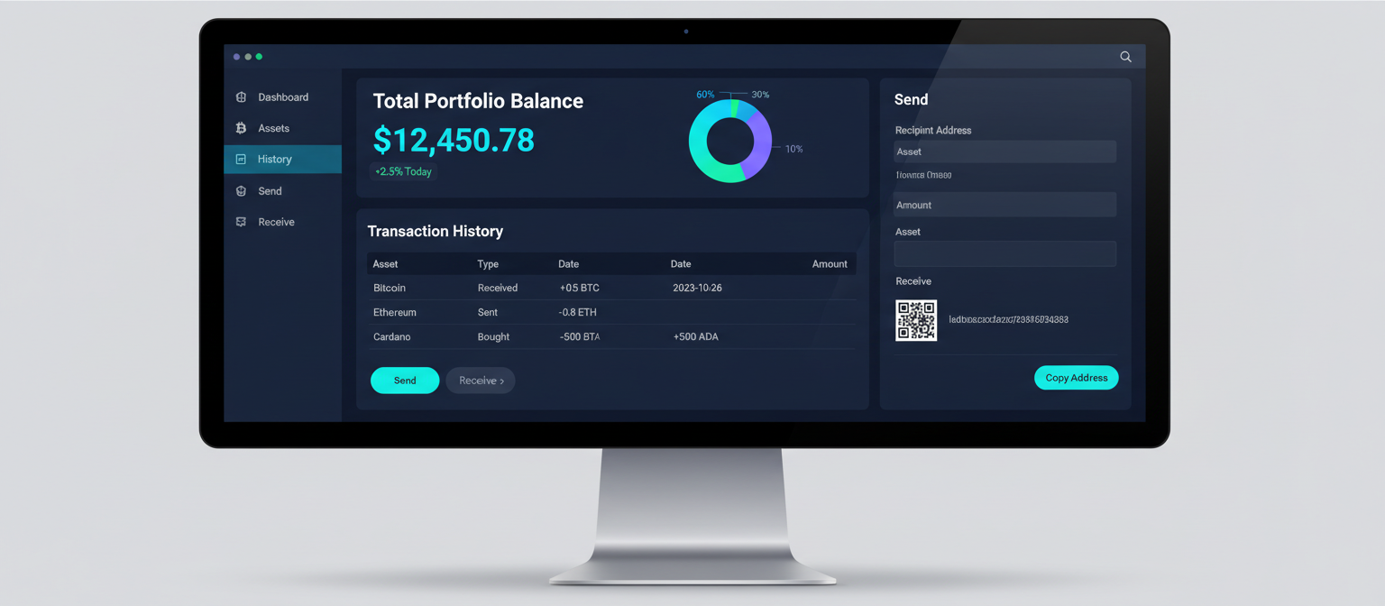 Sample: Crypto wallet dashboard with portfolio balances and transaction history.